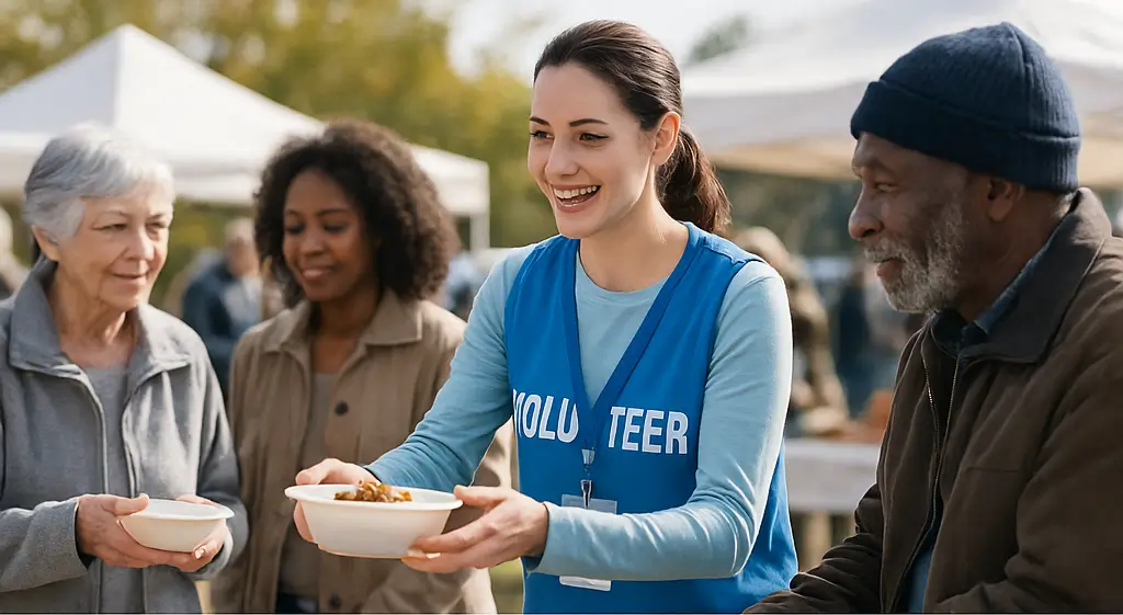 A smiling volunteer wearing a blue vest serves a bowl of food to people standing in line at an outdoor community event, with several individuals of different ages waiting and tents visible in the background.