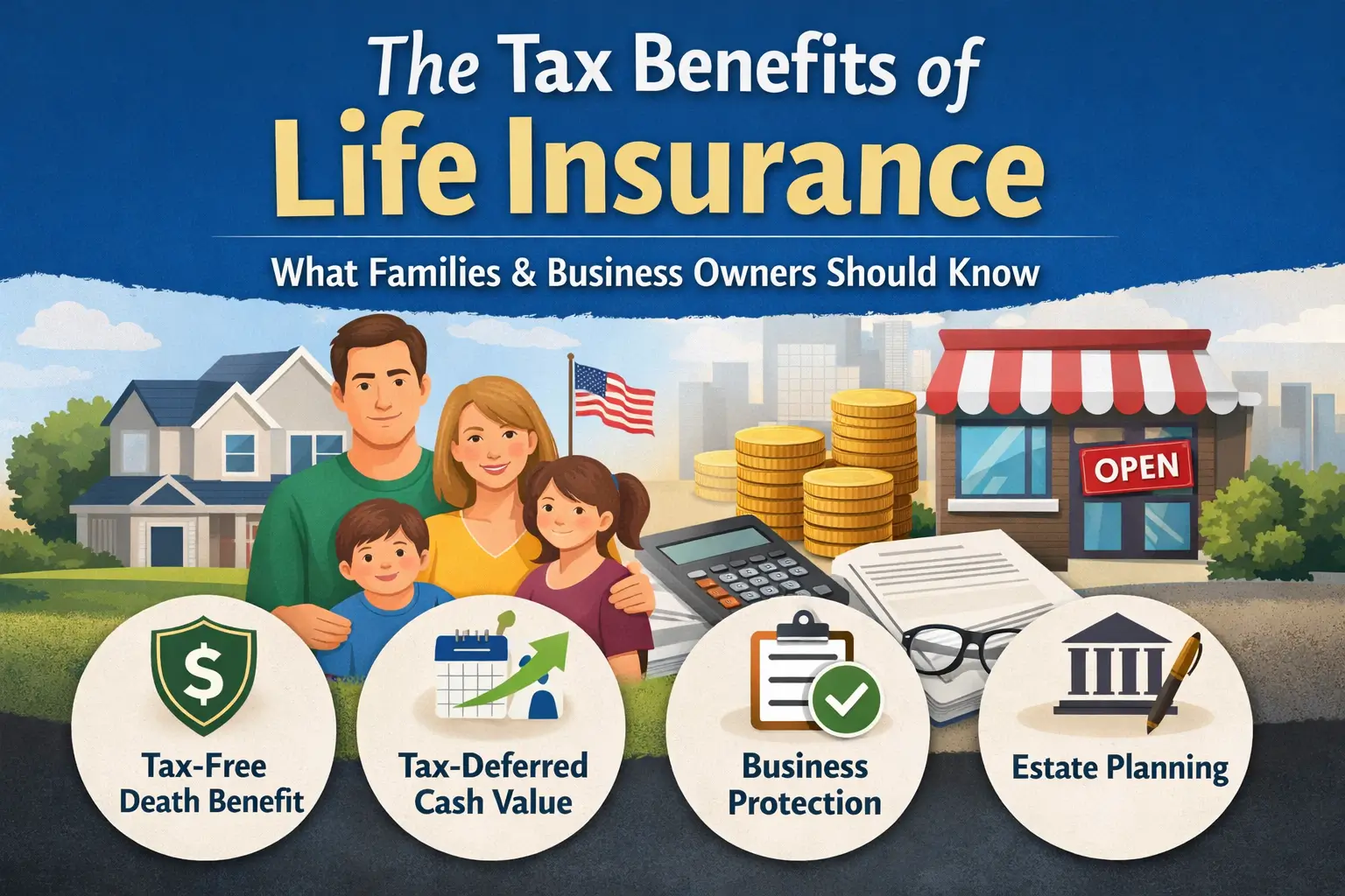Visual explaining the tax benefits of life insurance for families and small business owners, including tax-free death benefits, cash value growth, business protection, and estate planning.