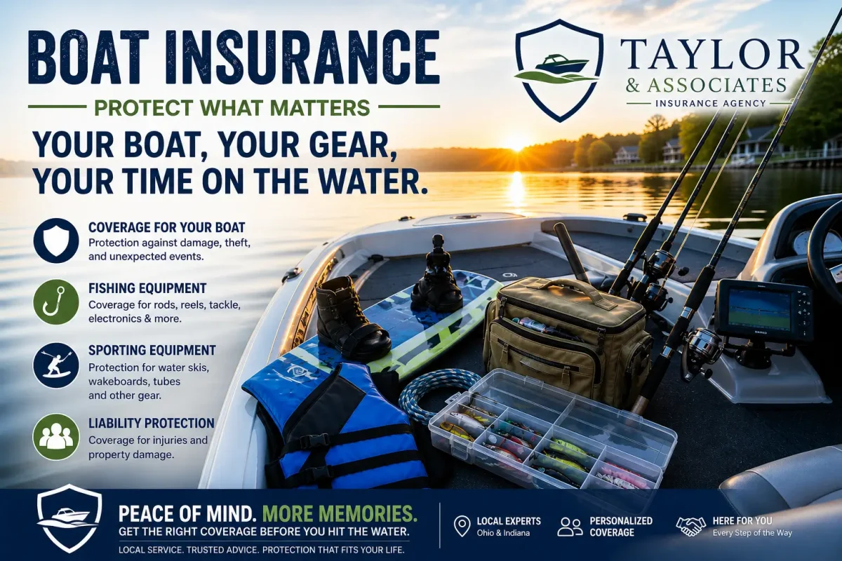 Boat on a lake in Ohio with fishing rods and water sports equipment showing the need for boat insurance coverage