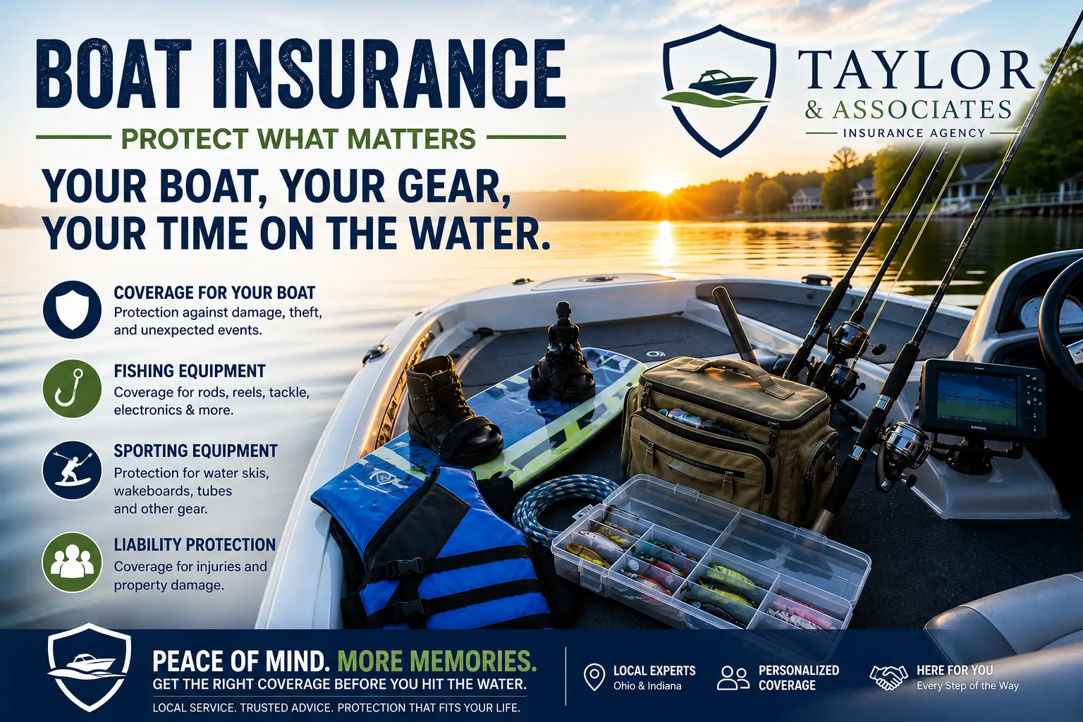 Boat on a lake in Ohio with fishing rods and water sports equipment showing the need for boat insurance coverage