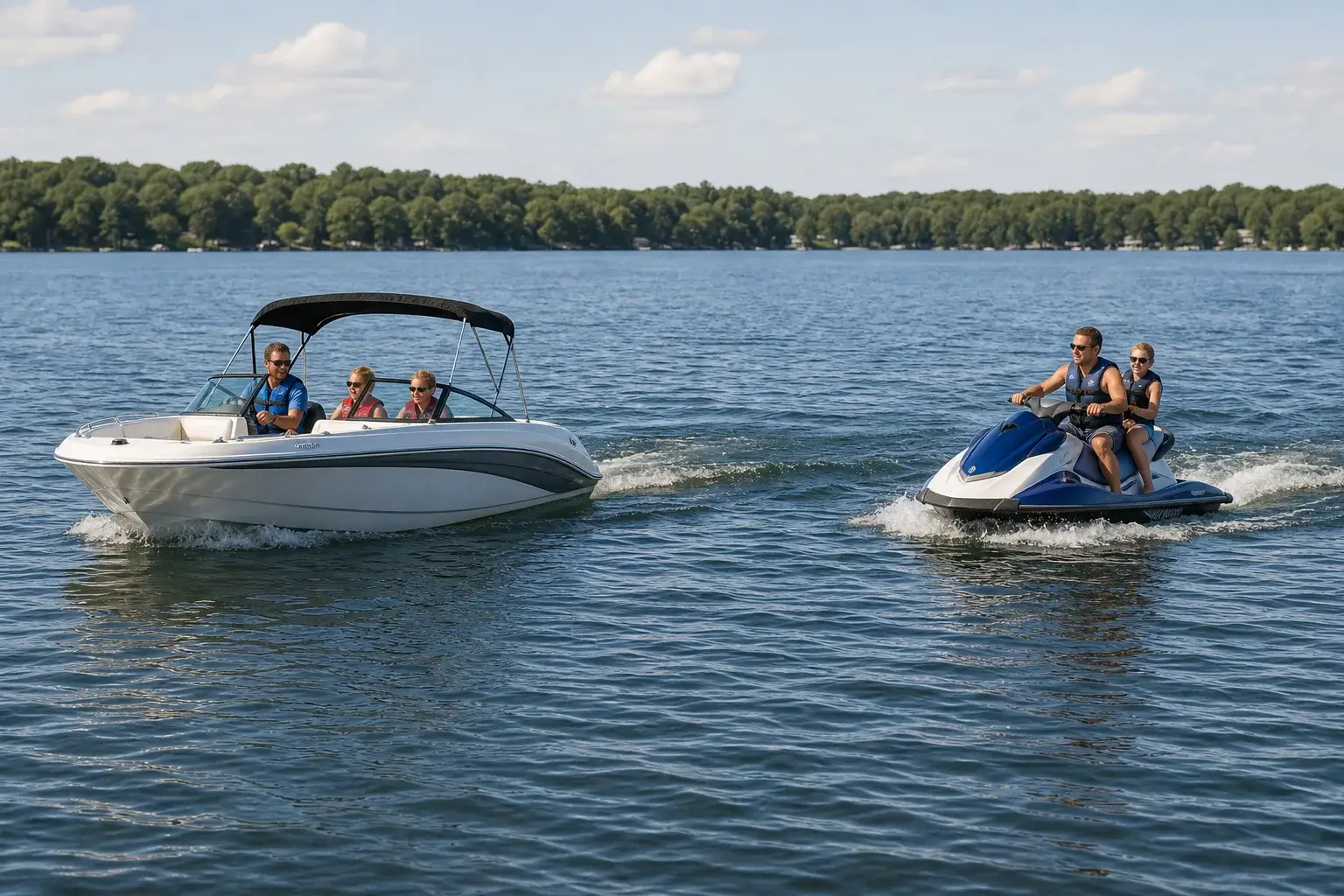 Family boat and personal watercraft cruising safely on a calm lake
