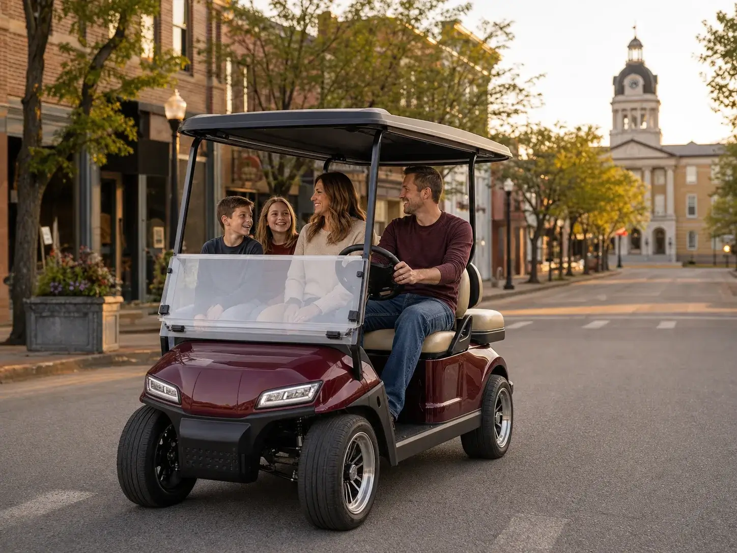 Family riding together in a golf cart through a small-town neighborhood